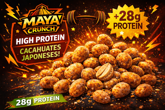 Maya Cruch a picture of the 28 grams of protein customers can expect in the cacahuates japones
