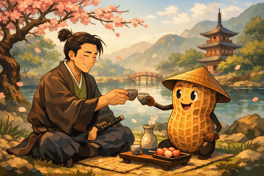 Maya Crunch a cacahuate japones having tea with a Japanese man