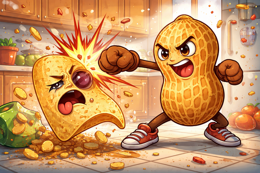 Maya Crunch a peanut knocking out a potato chip as reference to the better texture and nutrition facts of peanuts