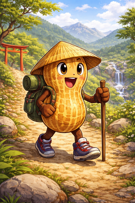 Maya Crunch a peanut hiking through Japan as reference to the portability and long shelf life of Maya Crunch Cacahuates Japones