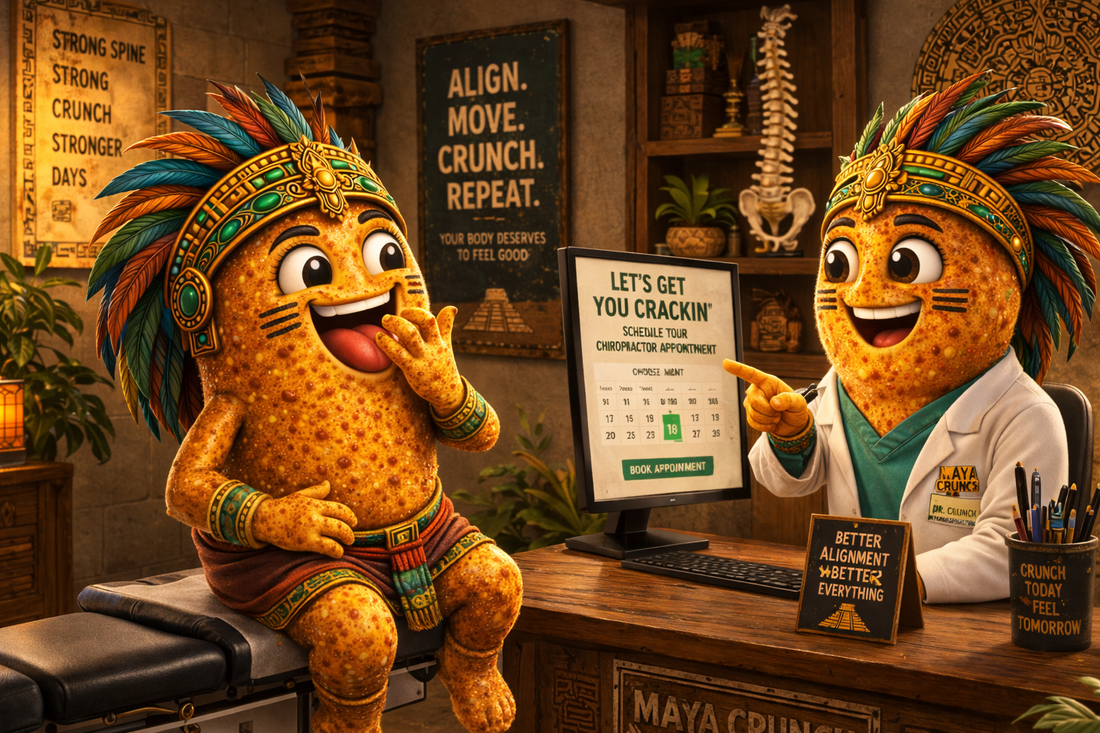 Hilarious picture of animated Maya Crunch peanut (cacahuates japones) at the chiropractor's office to get crunched