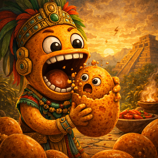 Maya Crunch an animated mayan themed extra crunchy peanut (cacahuate Japones) eating another animated extra crunchy peanut