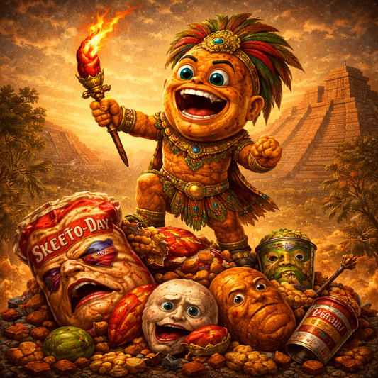 Maya Crunch an animated mayan cacahuate japones standing on top of a pile of defeated snacks