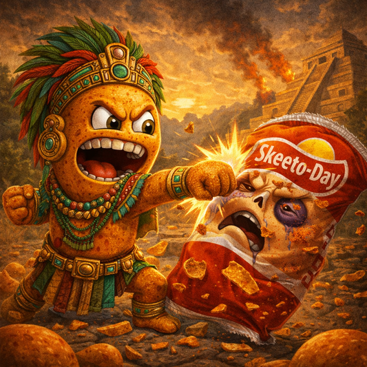 Maya Crunch an animated Mayan themed extra crunchy peanut (cacahuate japones) beating up a chip bag