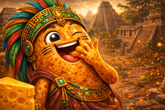 An animated Maya Crunch Crunchy Peanut (cacahuates japones) licking delicious seasoning dust off of his fingers