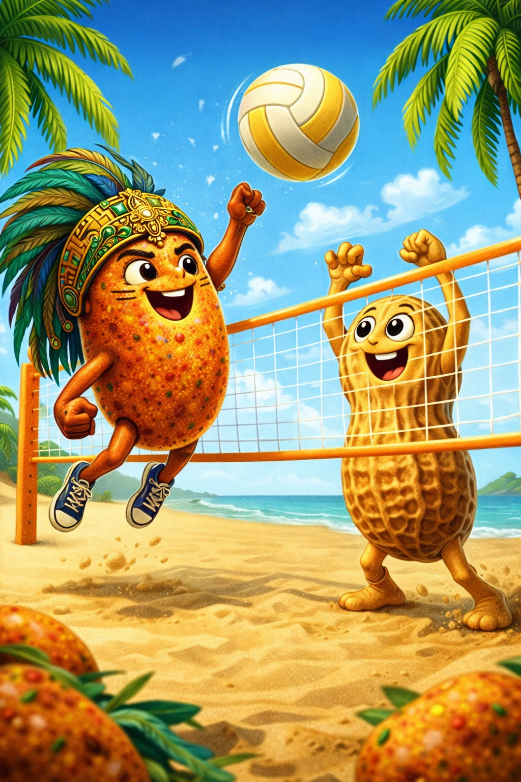 Maya Crunch an animated mayan themed extra crunchy peanut (cacahuate japones) playing sand volleyball with a peanut